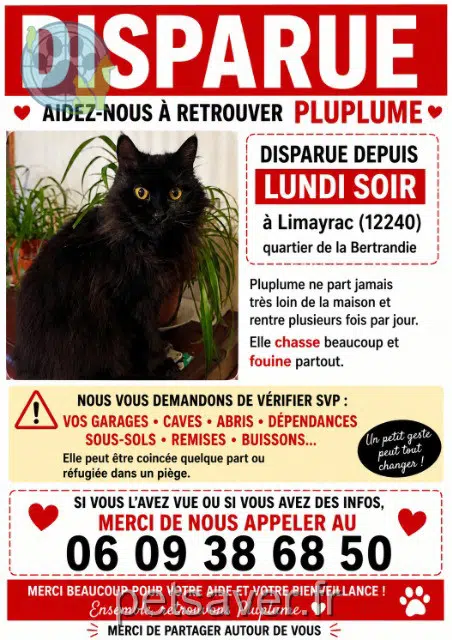 chatte lost   12240 Colombiès Pluplume