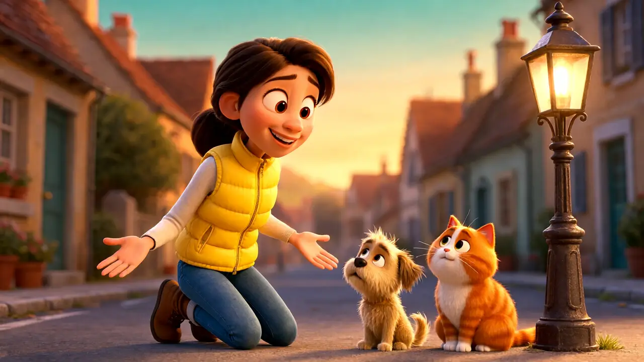 Illustration 3D animée style Pixar d'une petite chienne et d'un chat roux assis côte à côte sous un lampadaire, une jeune femme en gilet jaune s'agenouille sourire aux lèvres, rue de village baignée d'une lumière dorée de fin de journée