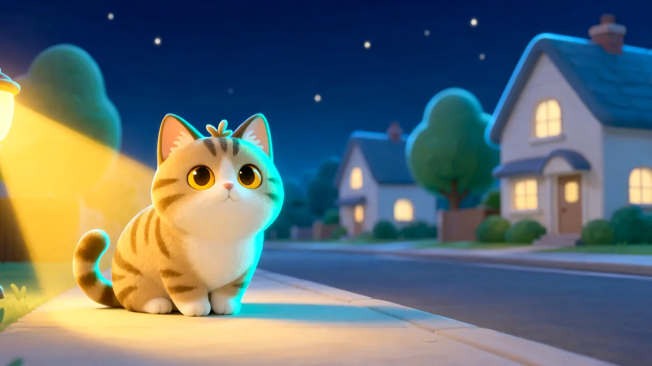 Petite chatte tigrée au regard inquiet assise seule sur un trottoir éclairé par un lampadaire dans une rue la nuit