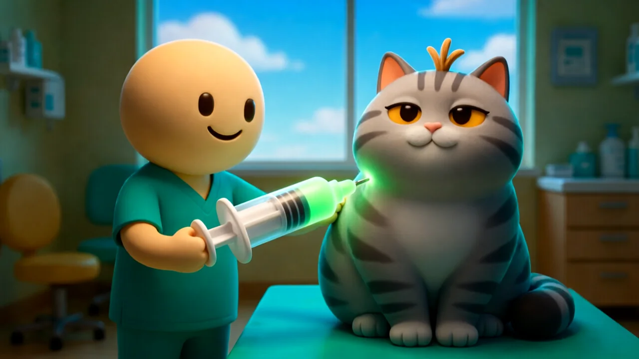 Vétérinaire implantant une puce électronique dans l'épaule d'un chat lors d'une consultation